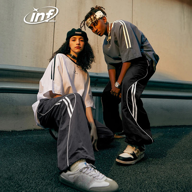 INFLATION Vintage Striped Wide Leg Trousers Unisex Drawstring Waist Sportswear Track Pants 240527