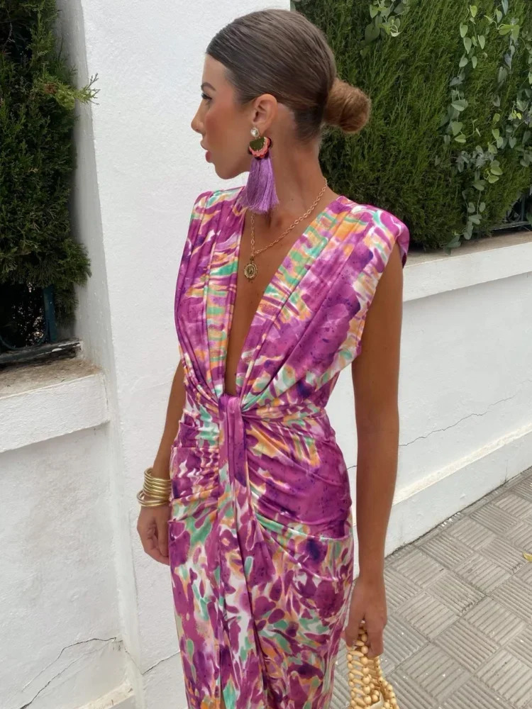 Women Fashion Printed Splited Midi Dress Sexy Deep V Neck Sleeveless Pleated Vestidos Summer Elegant Lady Party Dresses 240603