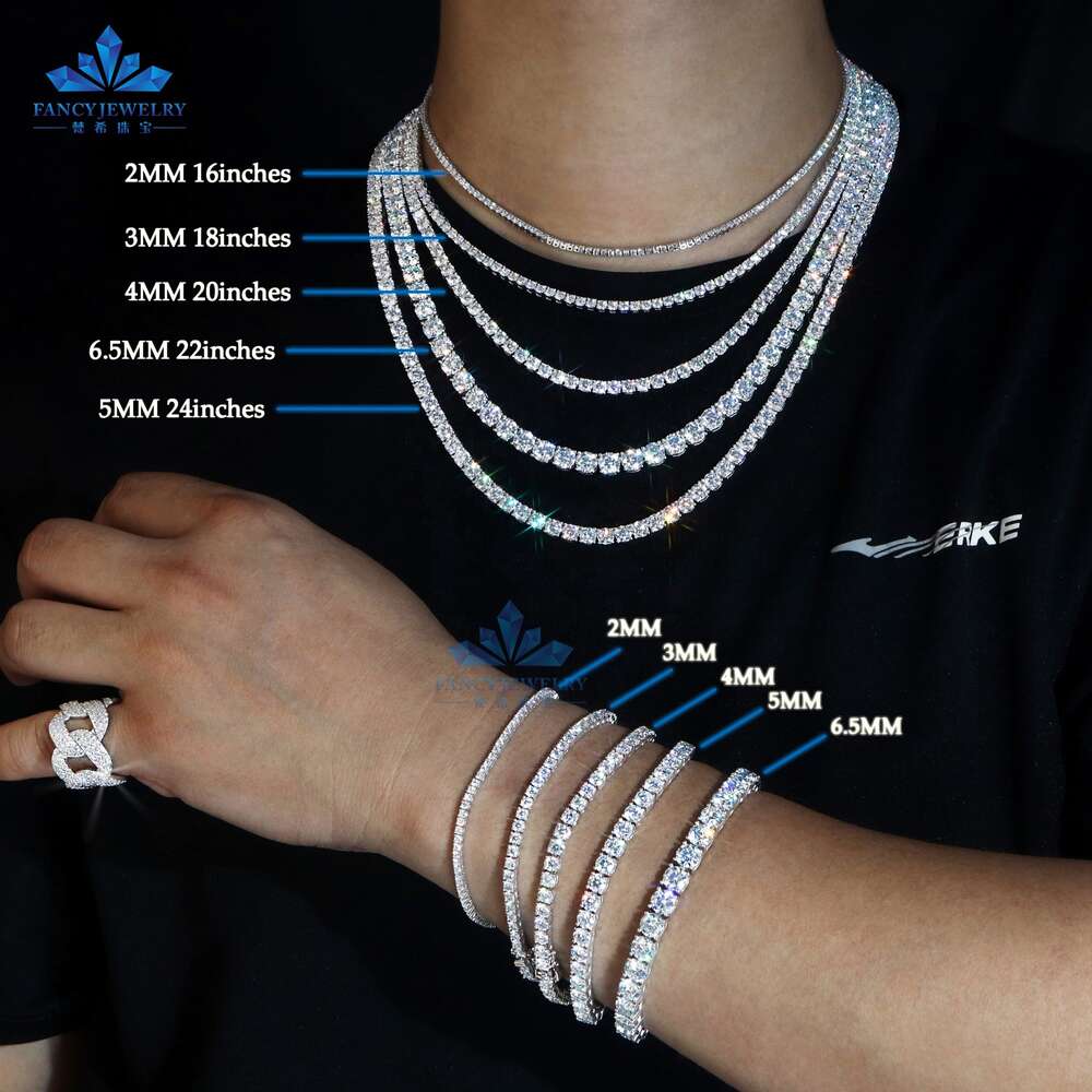 Tennis Chain moissanite chain Pass diamond Tester Hip Hop 925 Sterling Silver 2mm 3mm 4mm 5mm 6.5mm VVS Diamond Necklace