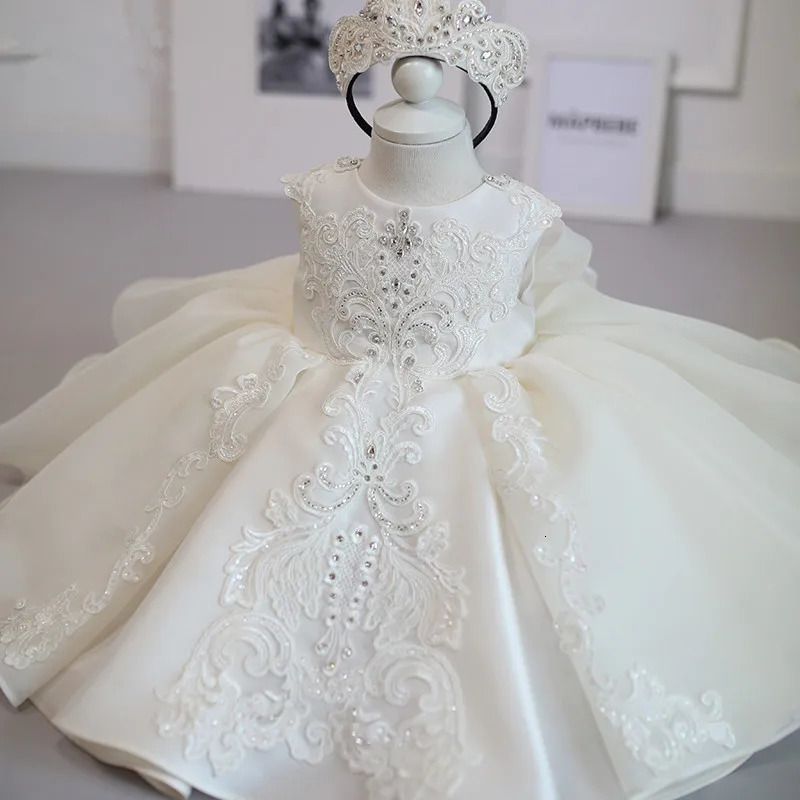 Formal White 1 Year Birthday Dress For Baby Girl Clothes Bow Baptism Princess Dress Elegant Beads Girls Party Gown Vestido 0-4Y 240603