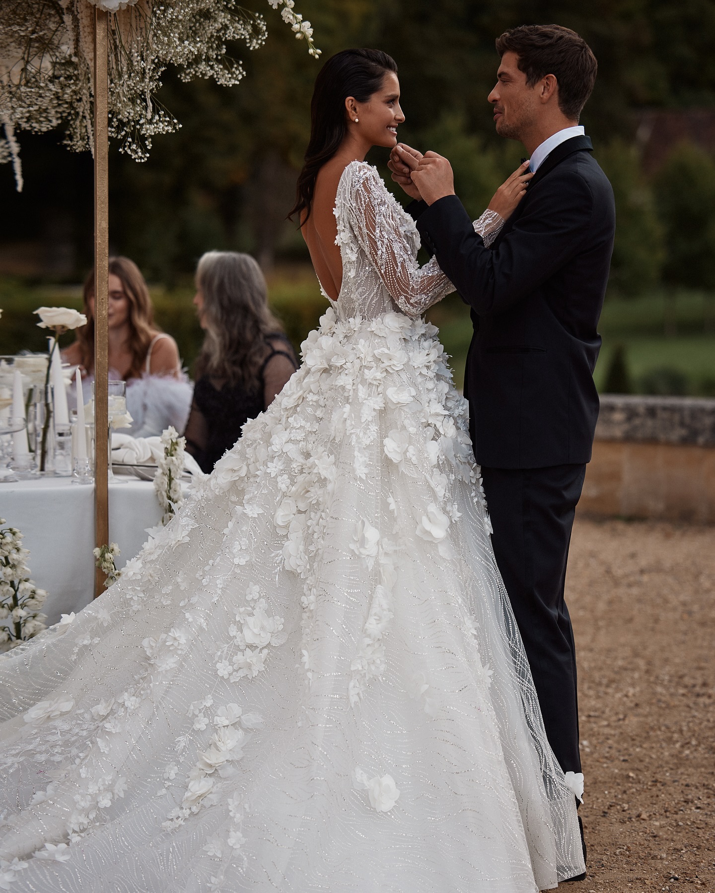 Gorgeous Milla Nova Weding Dress Crystal Appliqued V Neck Long Sleeves Bride Wedding Gowns Backless Vestidos de novia Sweep Train Designer Bridal Gown