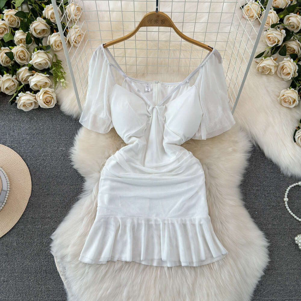 Fashionable and Spicy Girl Sexy Lotus Leaf Sleeves Deep V-Neck Low Chest Waist Slimming Short Style Wrapped Hip Ruffle Edge Mesh Dress