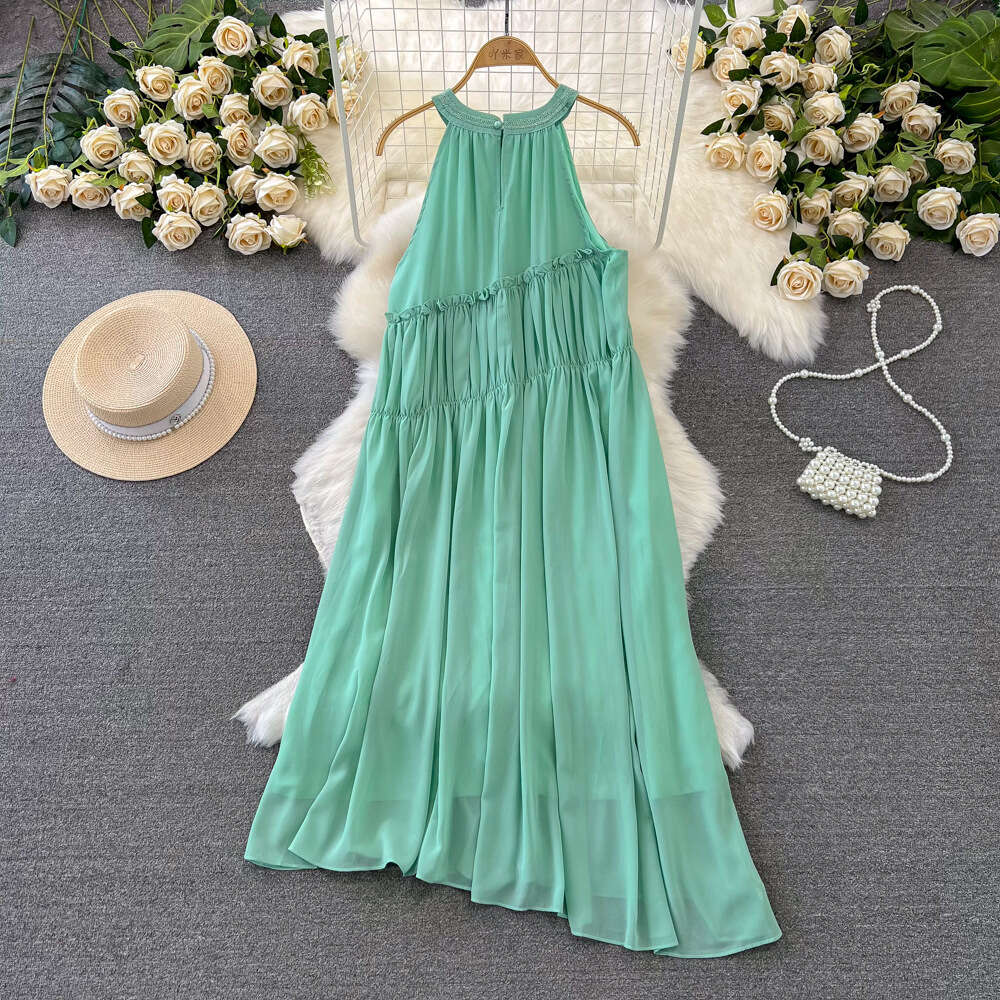 Fashionable high-end feeling light luxury socialite temperament hanging neck off shoulder loose A-line chiffon dress seaside vacation long dress