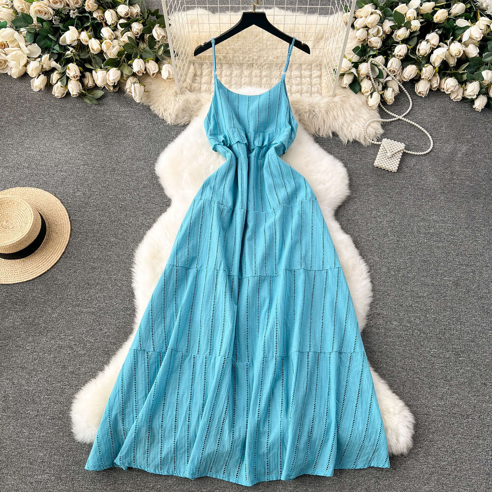 Sweet 3D V-neck with ruffled edges slim fit long vertical hollow holiday dress high-end feeling camisole dress for women