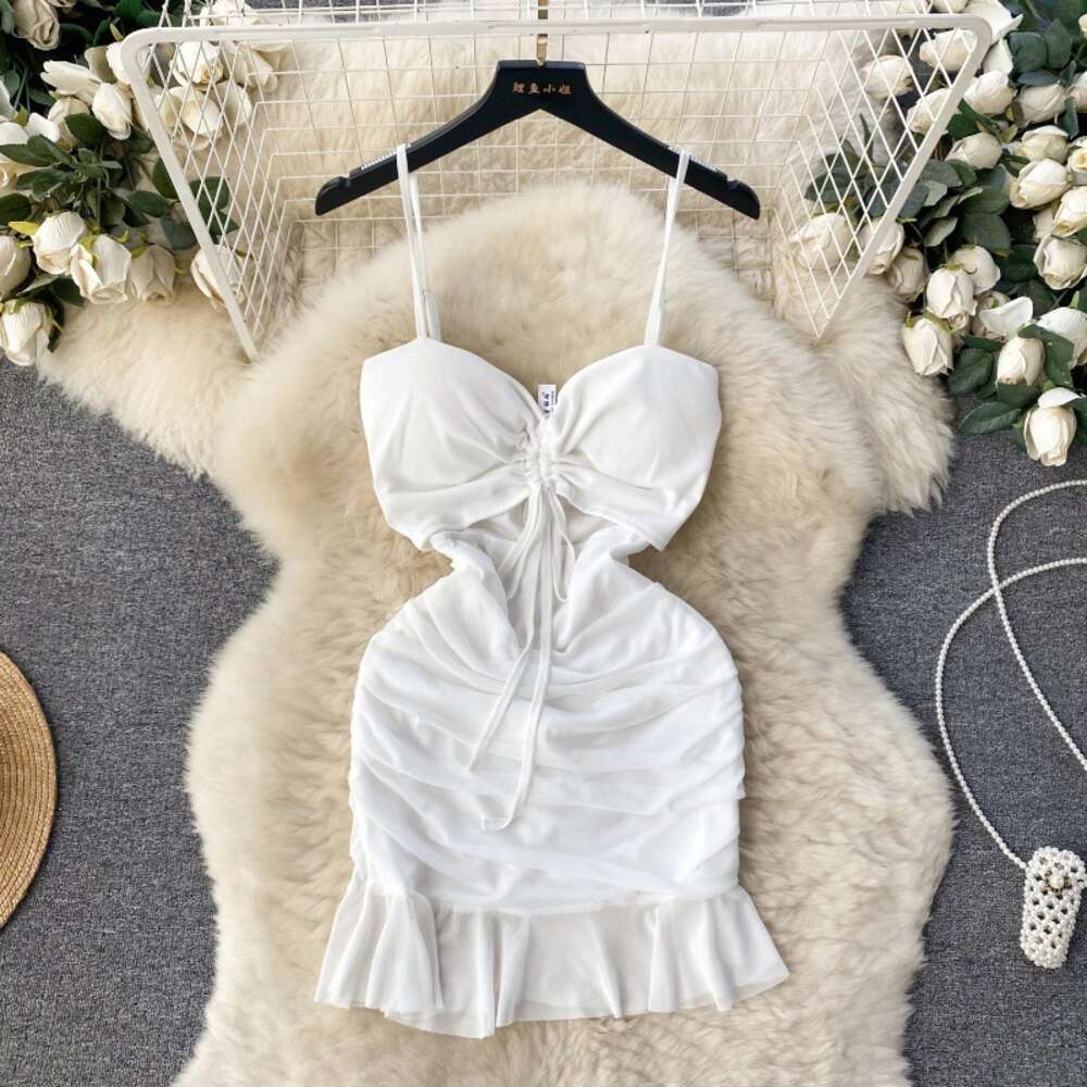 Sexy Hollow out Drawstring Lace Up Bra Strap Wrap Hip Dress Womens Pure Desire Spicy Girl Slim Fit Style French Short Dress