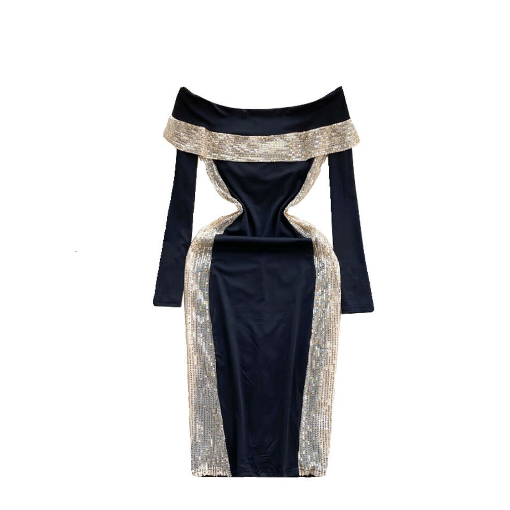 Light mature style womens clothing with a sense of luxury light luxury sequin color contrast splicing one line collar off the shoulder long sleeved dr