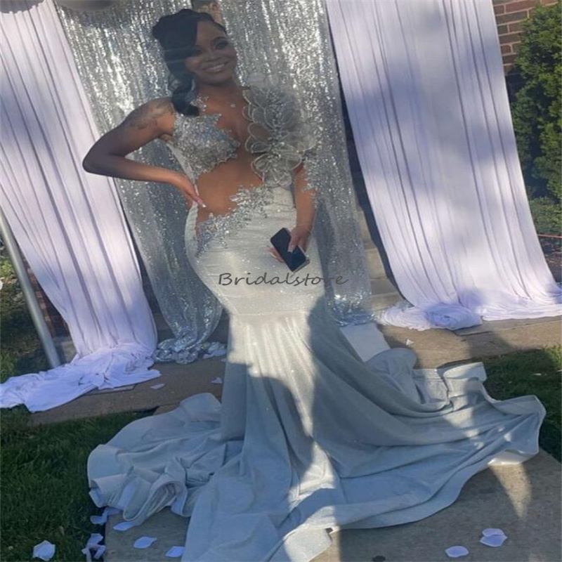 Stunning Silver Prom Dresses For Black Girls One Shoulder Long Sleeve Mermaid Evening Gowns Flowers Beaded Plus Size Formal Occasion Birthday Dress 20