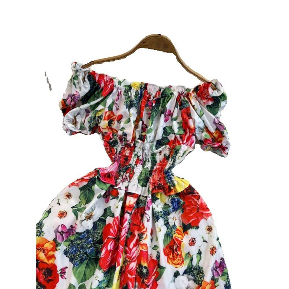 One shoulder elastic waist short vacation dress sexy off the shoulder Chinese floral print princess dress