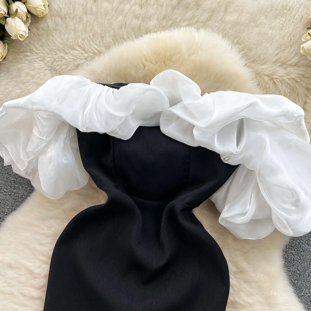 High end socialite mini dress French sexy one line neck off shoulder pleated bubble sleeves slim fit short dress
