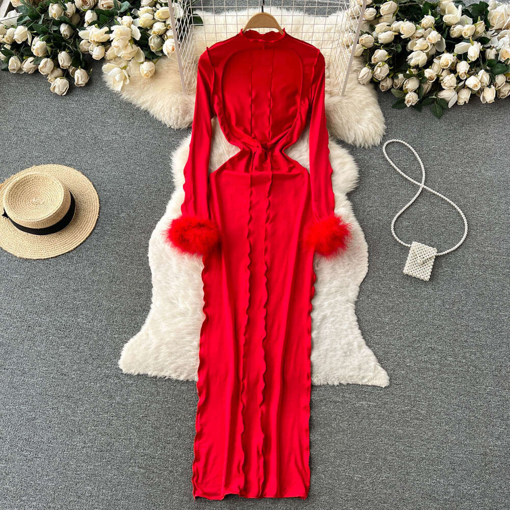 Spring and Autumn New Design Pleated Wool Stitch Long Sleeve Dress Womens Red Waistband Hip Over Knee Long Dress