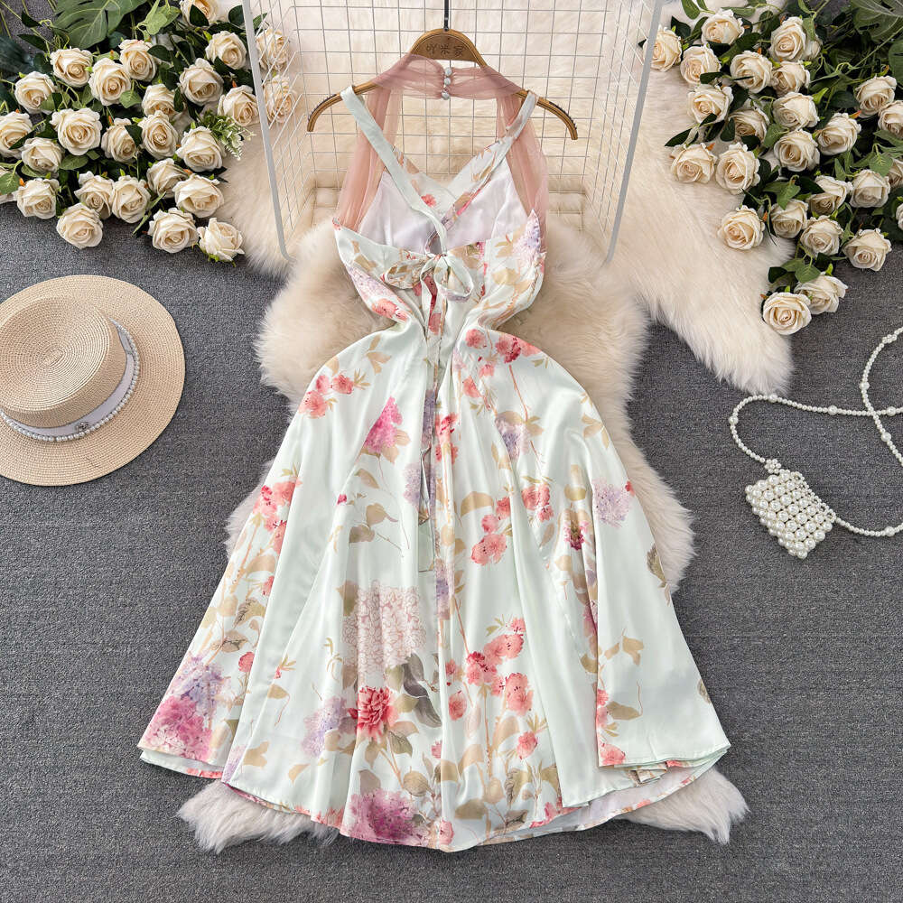 Gentle style neck hanging backless waist cinching slimming A-line large hem ruffled edge printed dress seaside vacation long dress