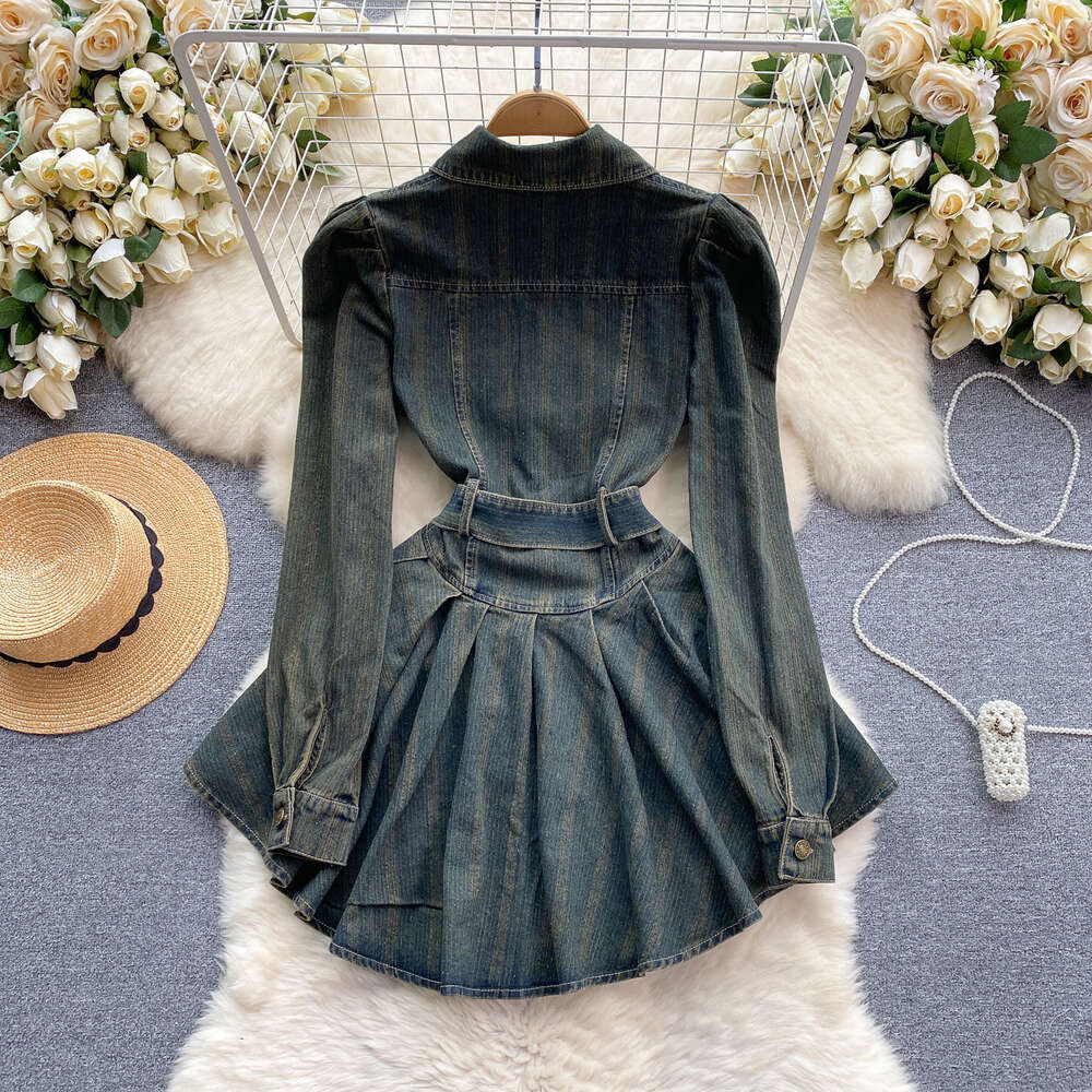 American style denim skirt design with a fake two piece waist up slimming pleated A-line skirt short style elegant dress