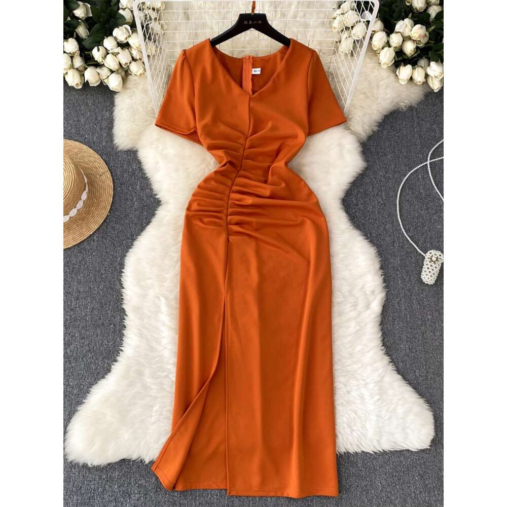 French style high-end short sleeved pleated waistband dress for women to show slimming temperament goddess style buttocks wrapped spicy girl skirt