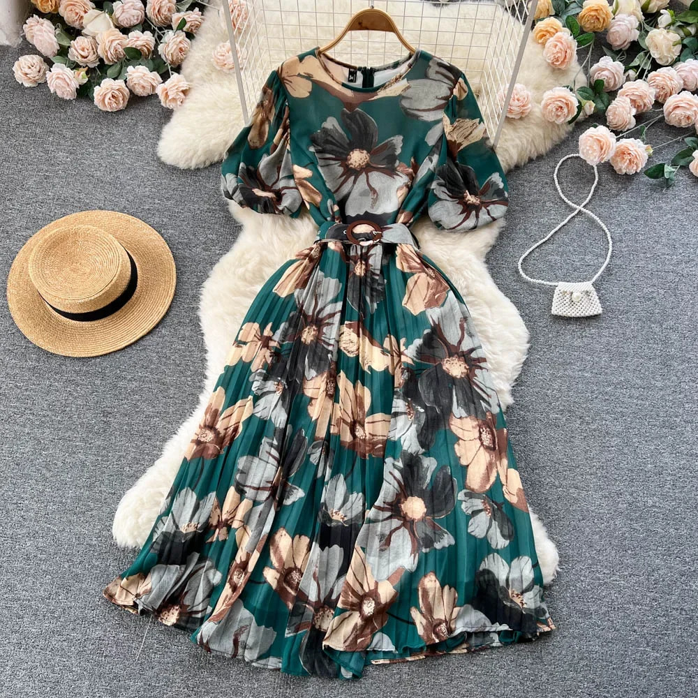 Summer Bohemian Women Tie Dye Printed Pleated Long Dress Boho O Neck Puff Sleeve High Waist Draped Maxi Vestido 240529