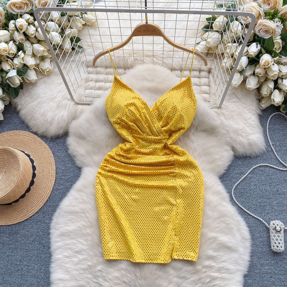 Nightclub womens clothing with scheming pleats slim waist sexy backless V-neck suspender dress light luxury sequin bottom skirt
