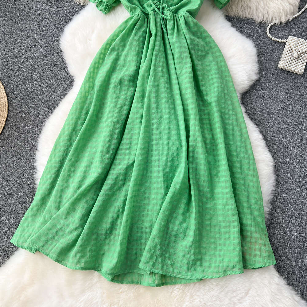 Green dress womens sweet wooden ear edge bubble sleeves one line collar off the shoulder two piece French high-end holiday dress