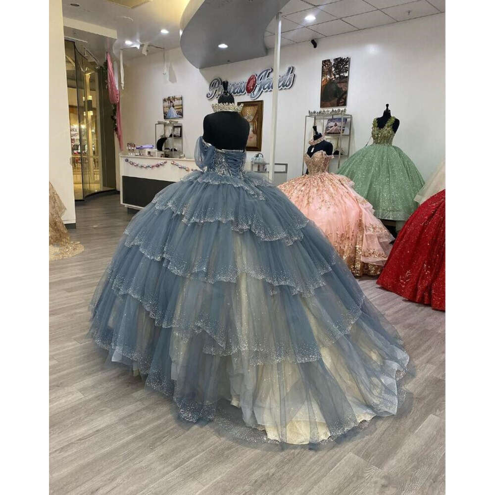 Grey Silver Princess Quinceanera Dresses Sparkly Crystal Beaded Corset Sweet 16 Vestido De 15 Anos Prom 0603