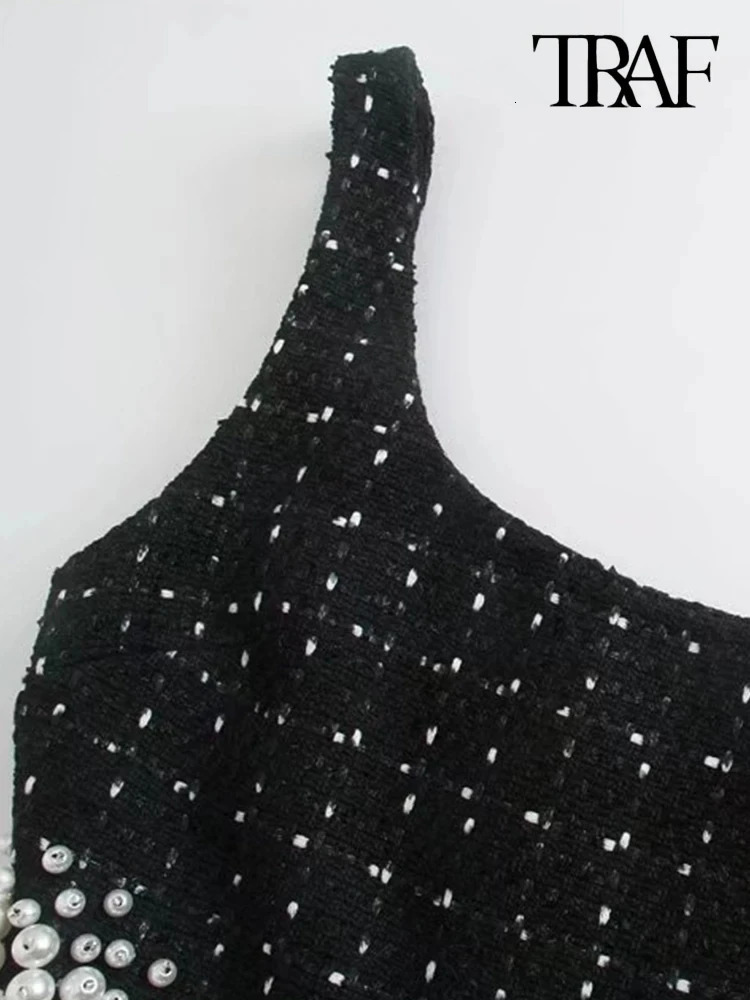 TRAF-Womens Faux Pearl Beading Tweed Mini DressBack Zipper Hollow Out Female Dresses Sexy Fashion 240529