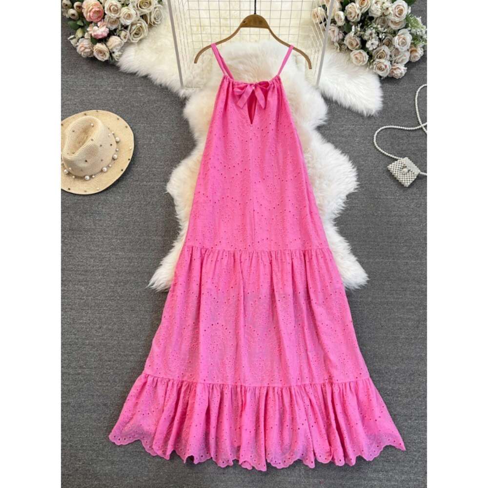 Summer Fashion Celebrity Style Hanging Neck Open Back Loose A-line Hollow Dress Beach Vacation Big Swing Long Skirt
