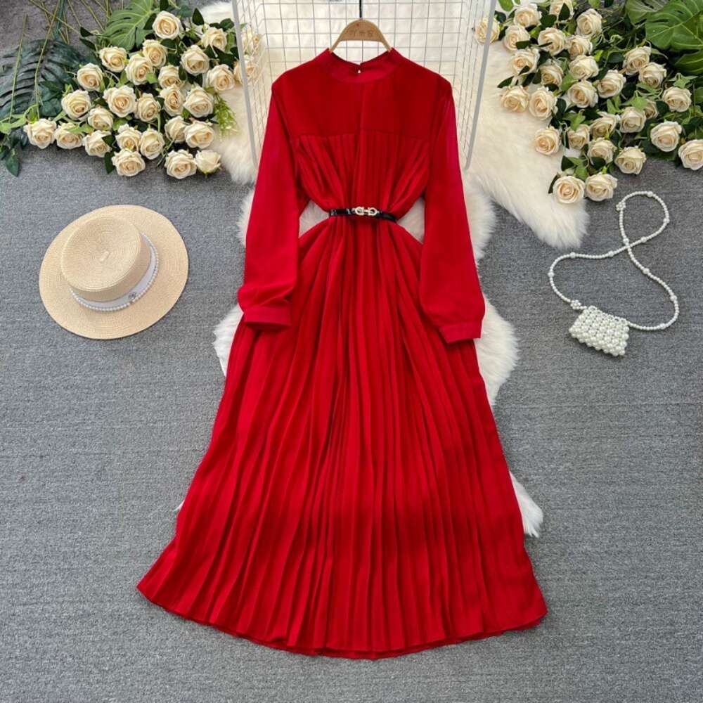 Spring and Autumn Seasons Light Mature Style Celebrity Elegant Long sleeved Standing Neck Waist Wrapped Slim A-line Hundred Pleated Dress Elegant Long