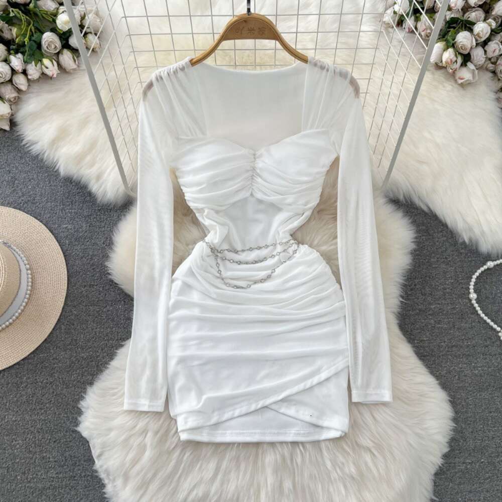 Purely Spicy Girl Sexy Celebrity Temperament Long sleeved Square Neck Waist Wrapped Small Short Fold Mesh Wrap Hip Dress