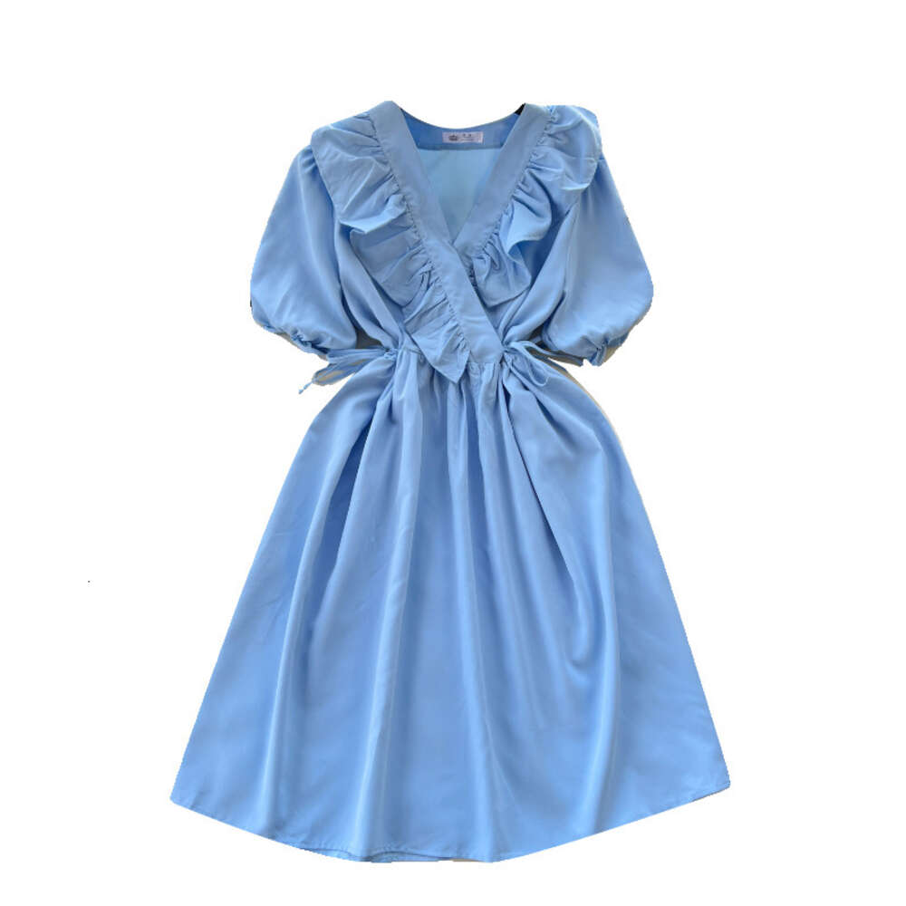 Korean style dress with sweet ruffled edges and V-neck straps for slimming waist and reducing age. New style for womens spring wear with bubble sleeve