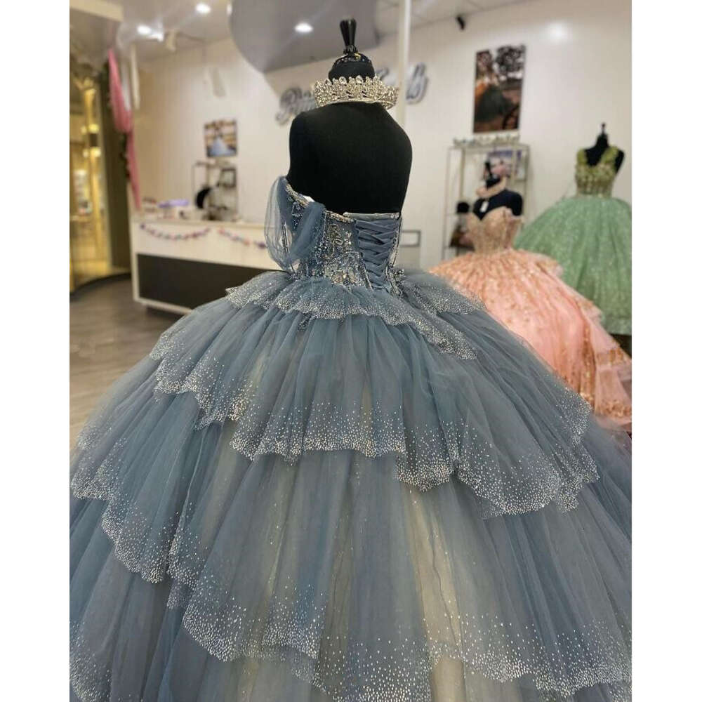 Grey Silver Princess Quinceanera Dresses Sparkly Crystal Beaded Corset Sweet 16 Vestido De 15 Anos Prom 0603