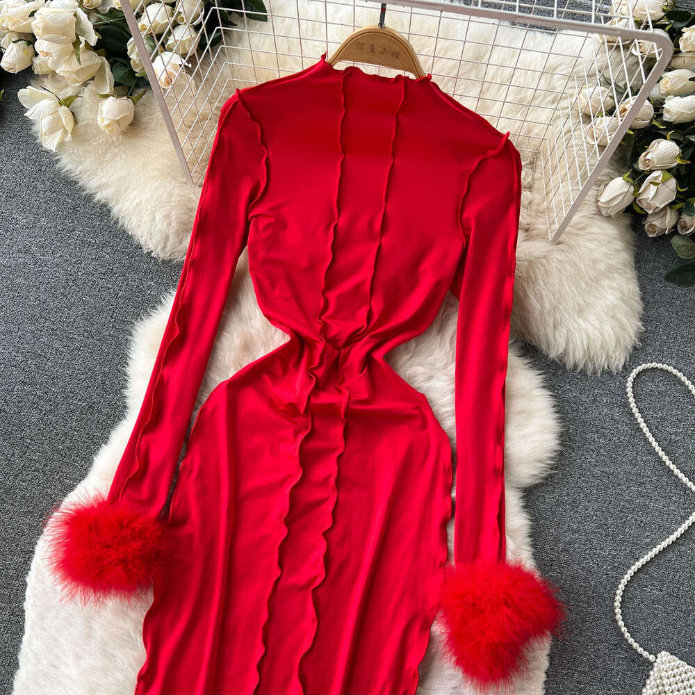Spring and Autumn New Design Pleated Wool Stitch Long Sleeve Dress Womens Red Waistband Hip Over Knee Long Dress