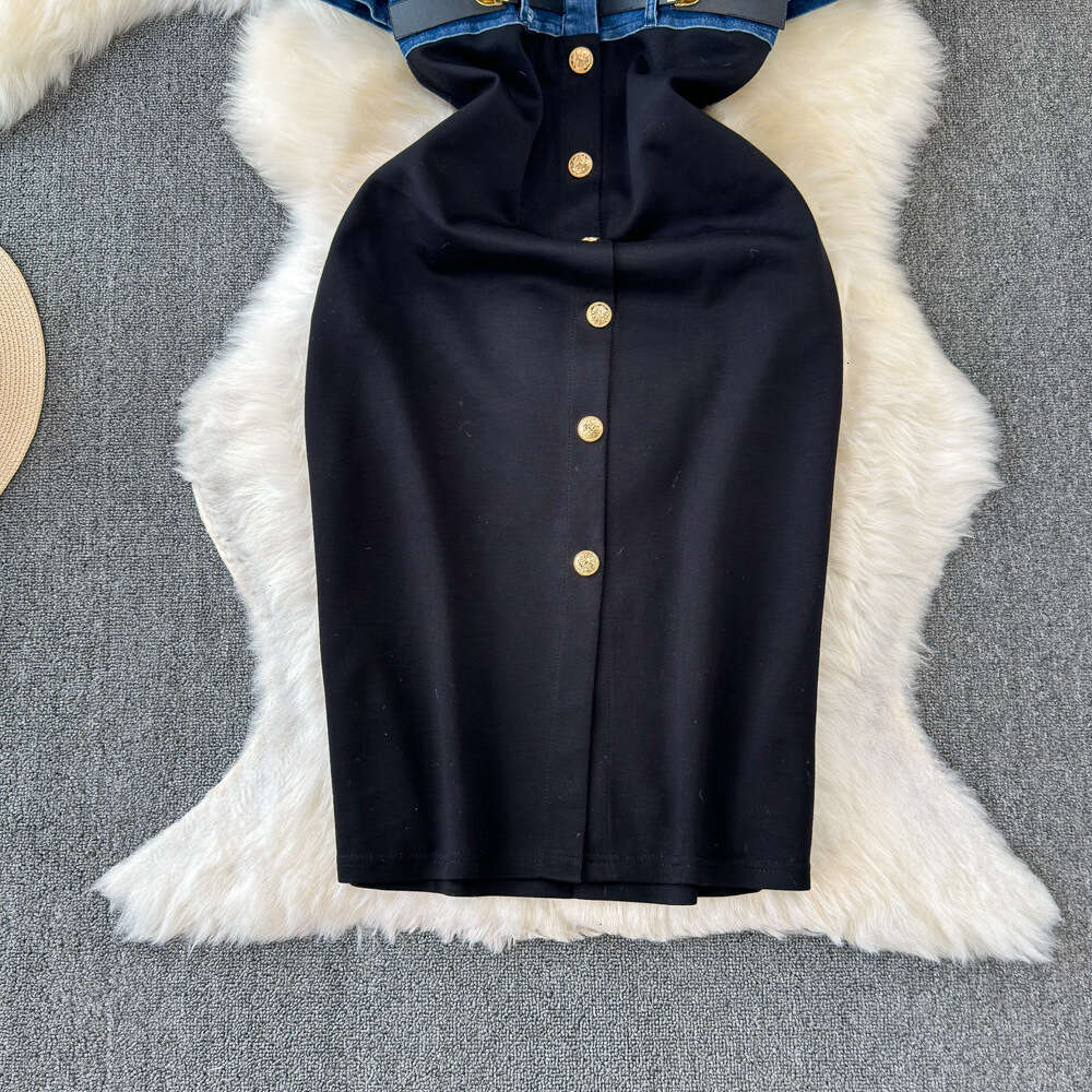 2024 Spring/Summer New Fashion Single breasted Sleeveless Waist Slimming Shirt Dress with Denim Splicing Style