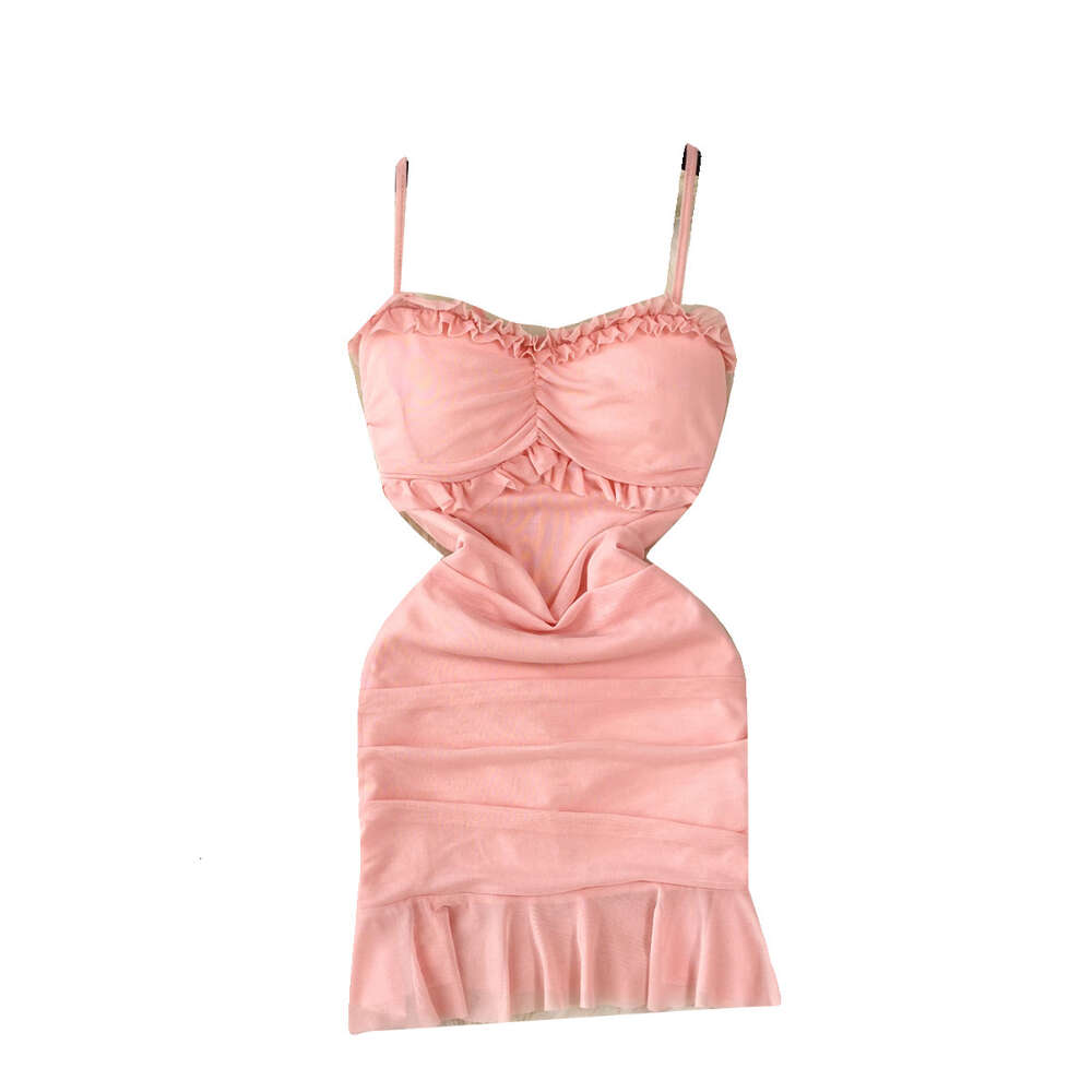 Nightclub style suspender dress sexy and feminine mesh wrapped buttocks skirt pure desire spicy girl slim fit ruffled edge short skirt