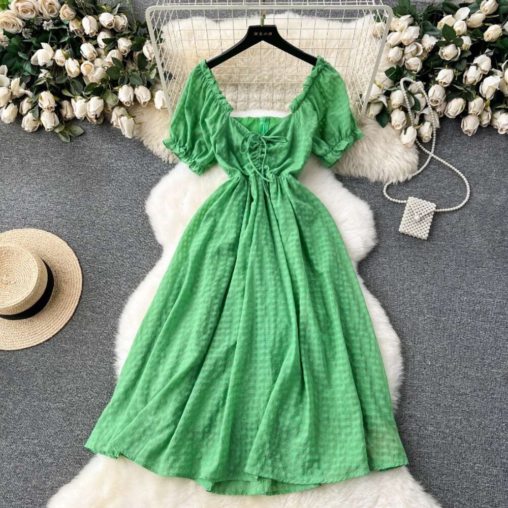 Green dress womens sweet wooden ear edge bubble sleeves one line collar off the shoulder two piece French high-end holiday dress