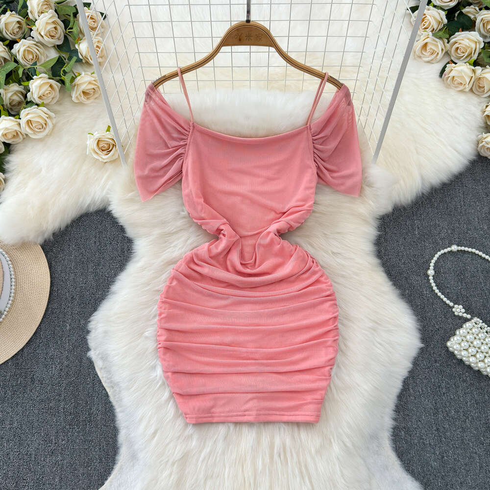Nightclub womens sweet bow neckline heartfelt pleated slim fitting short sexy buttocks wrapped skirt off the shoulder suspender dress