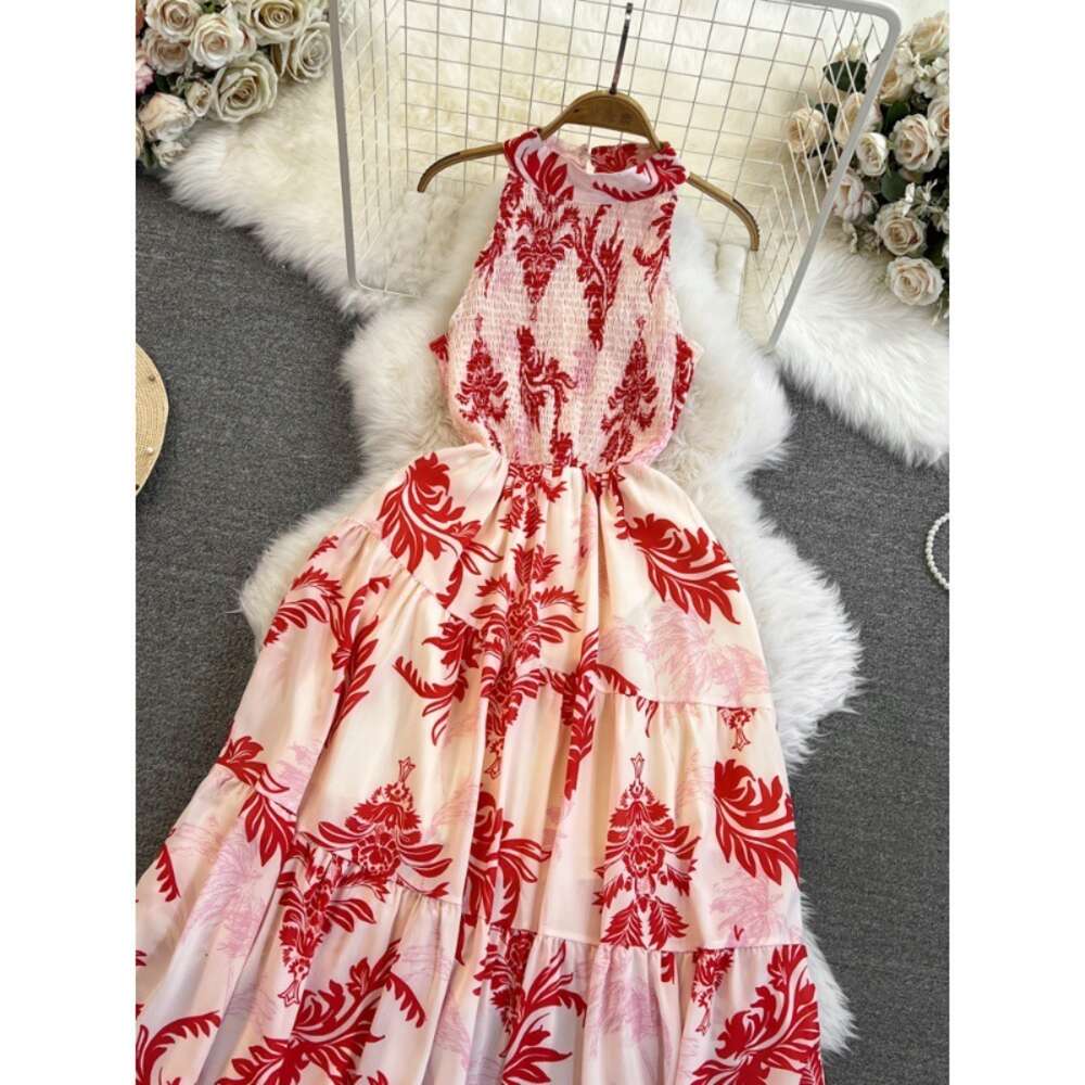 Beach Dress for Beach Vacation Fashionable Celebrity Elegant Style Hanging Neck Off Shoulder Waist Mid length A-line Printed Dress for Women