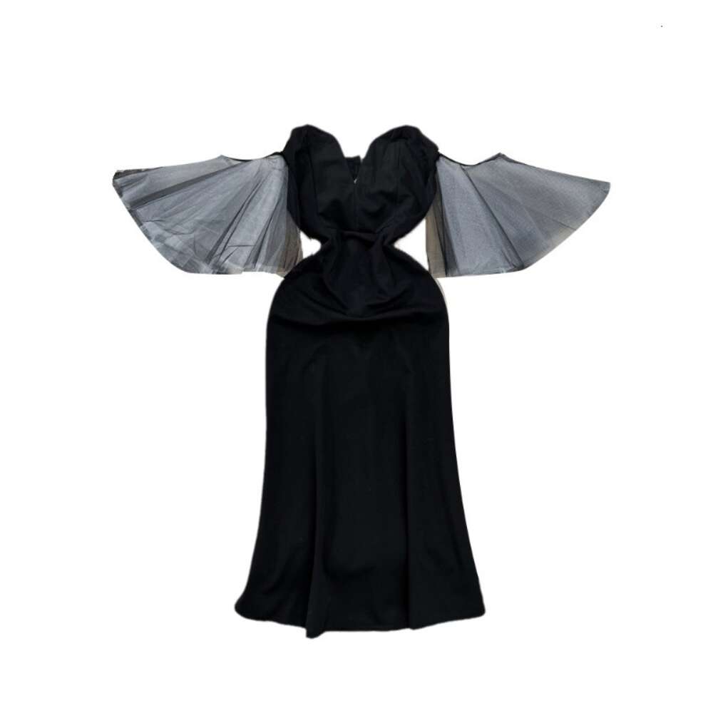 2023 Summer High end Fashion Mesh Sleeve Splice Bra Waist Slimming Mid length A-line Dress