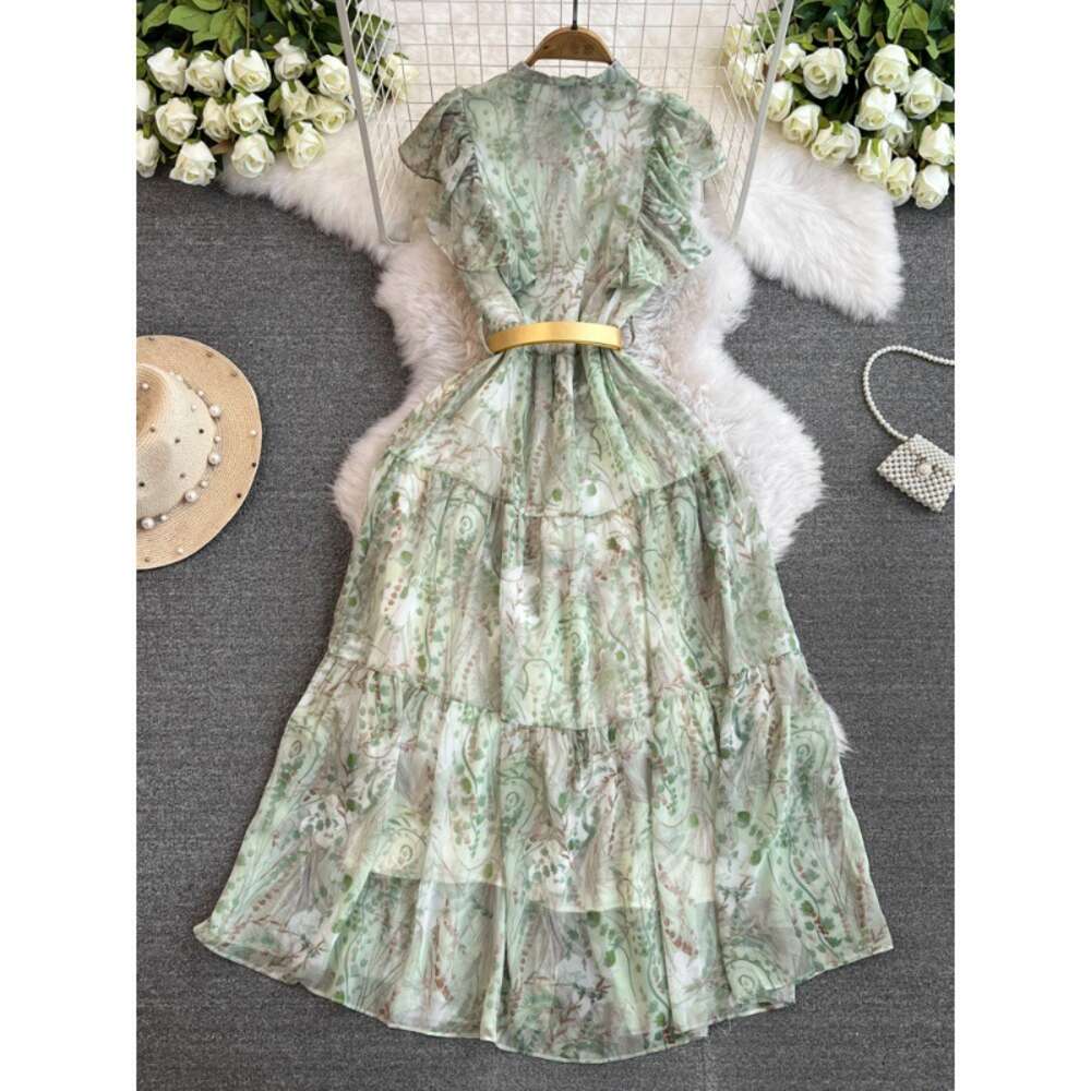 Summer New Round Neck Lotus Leaf Sleeves Single breasted Lace up Waist for Slimming French Elegance and Elegance Dress for Women