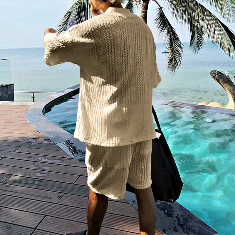 Spring/Summer European and American Casual Loose and Versatile Jacquard Knitwear Top Shorts Mens Set 240530
