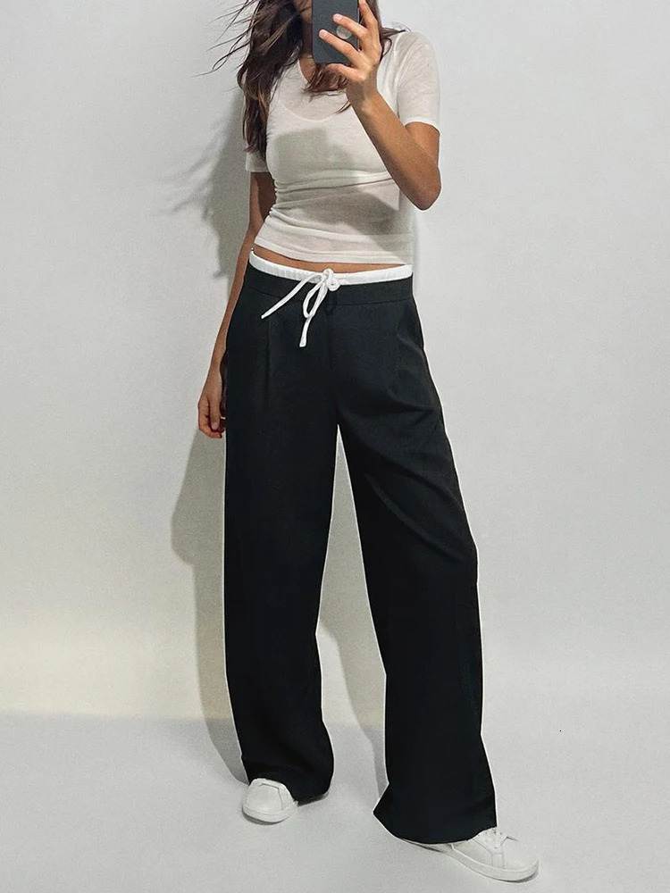TRAF Womens Double Layer Waist Casual Wide Leg Pants versatile fashion straight trousers Elegant womens clothing 240603