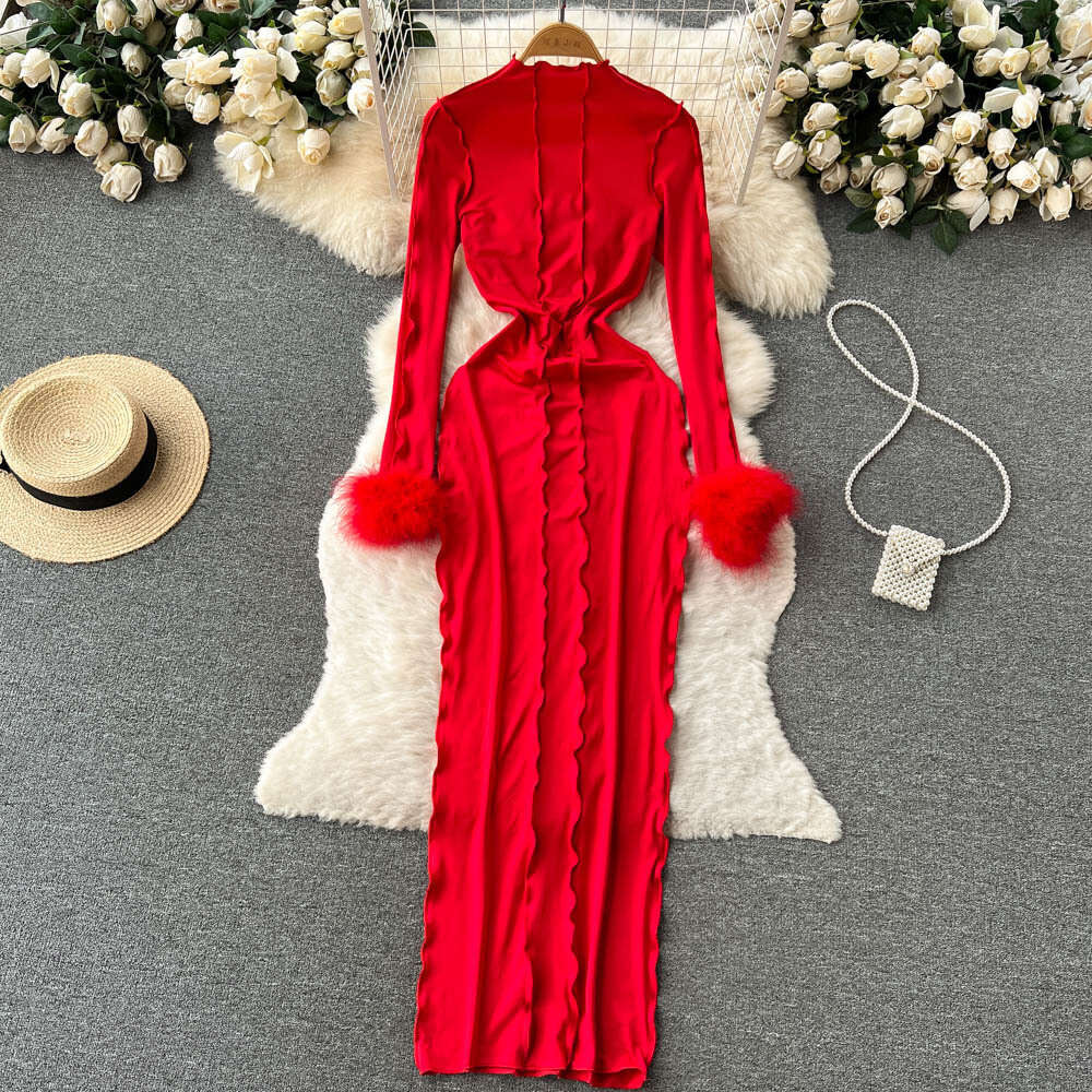 Spring and Autumn New Design Pleated Wool Stitch Long Sleeve Dress Womens Red Waistband Hip Over Knee Long Dress