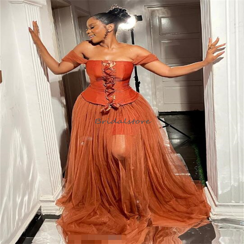 Sexy Tan Black Girls Prom Dresses Off Shoulders Plus Size Corset Evening Dress Aso Ebi Birthday Second Party Reception Formal Occasion Party Gowns 202