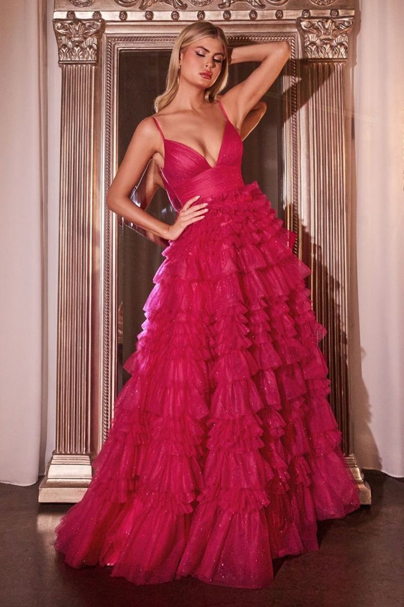 Charming Tiered Sequin Tulle Prom Dresses Backless A-line Spaghetti Straps Long Fuchsia Evening Gowns For Women 2024 Floor Length Puffy Ruffle Birthda