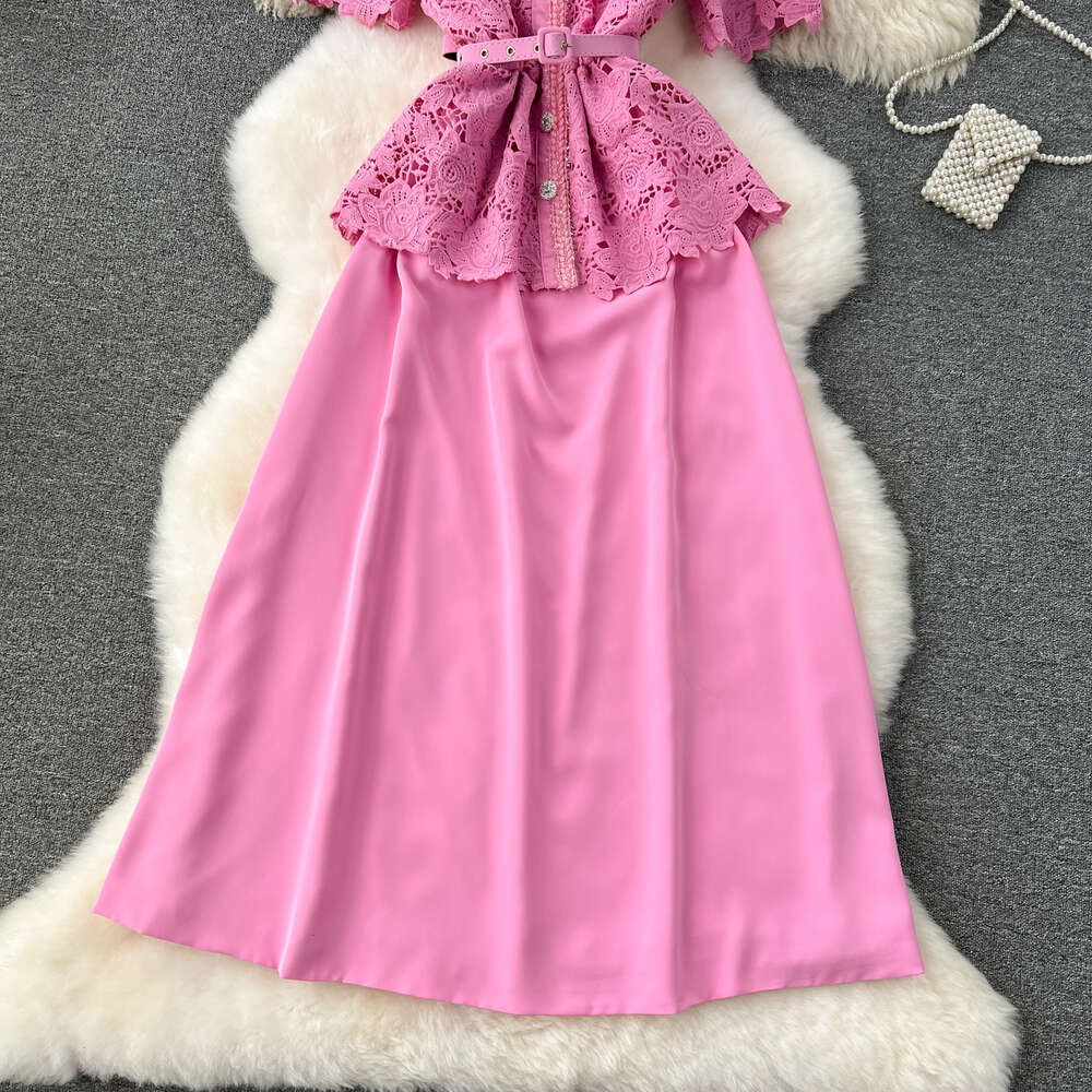 French court style dress for women with a fake design. Two pieces of lace short sleeved high-end patchwork mid length dress for women