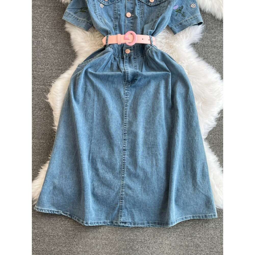 Fashionable socialite temperament embroidered short sleeved lapel with waistband for slimming effect medium length A-line denim shirt dress