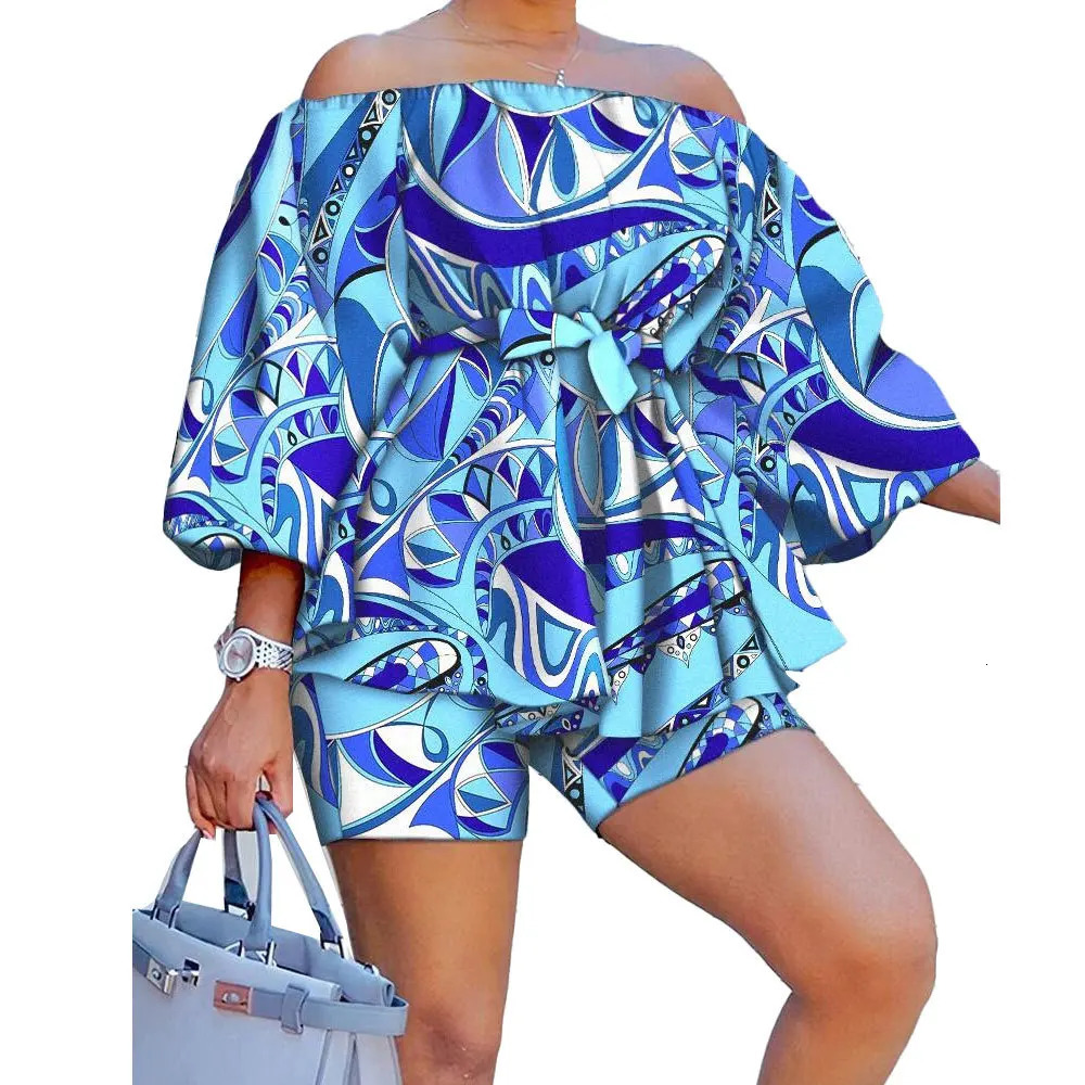 Szkzk Sexy printing two piece set Women off the shoulder lacing belt top and shorts Nightclub Party Costume yellow blue Sets 240530