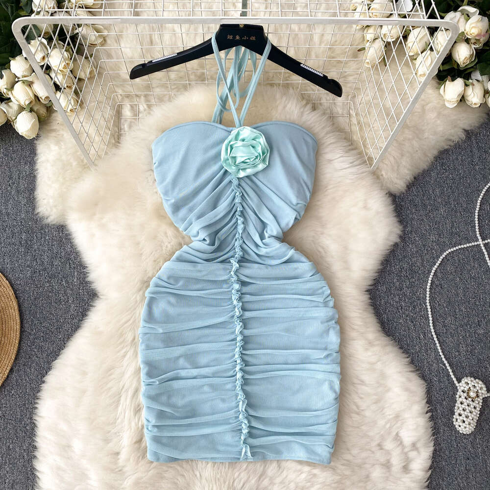 Temperament Goddess Style Sexy Pure Desire 3D Flower Bra with Neck Fold Slim Fit Wrap Hip Mesh Spicy Girl Dress