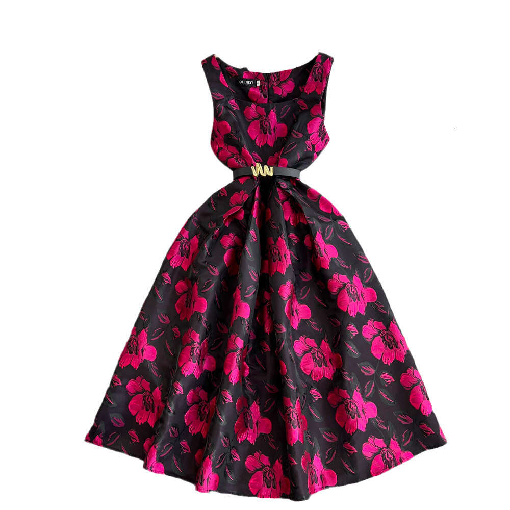Fashionable and Luxury Celebrity Style Sleeveless Square Neck Wrapped Waist for Slimming Mid length A-line 3D Flower Dress