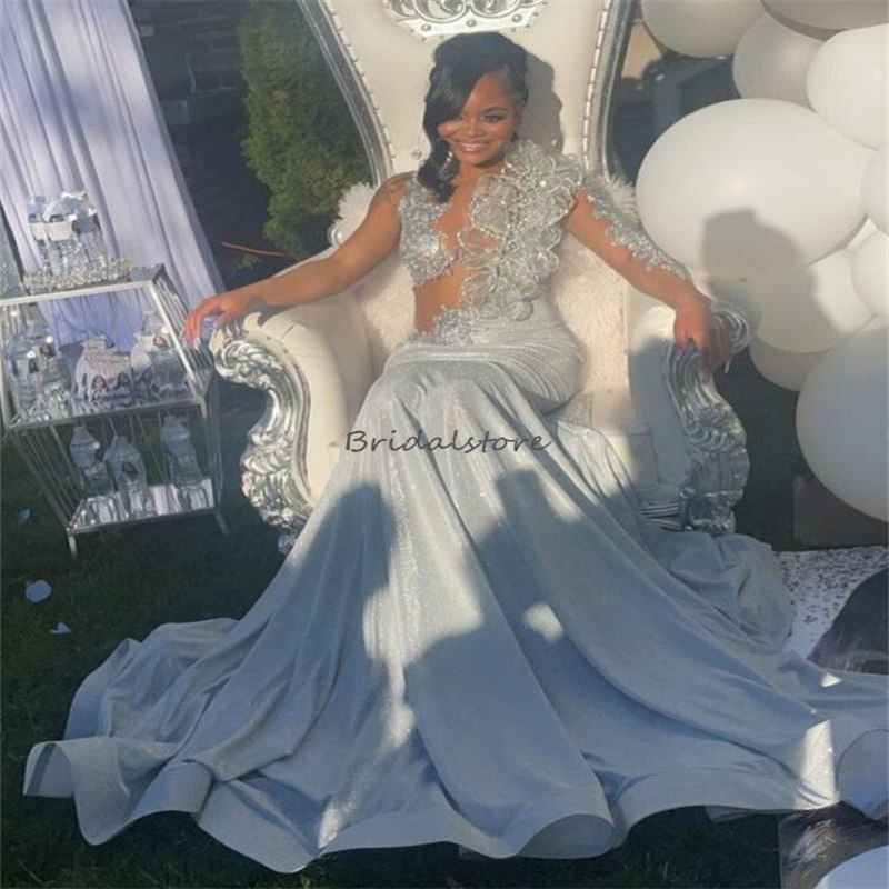 Stunning Silver Prom Dresses For Black Girls One Shoulder Long Sleeve Mermaid Evening Gowns Flowers Beaded Plus Size Formal Occasion Birthday Dress 20