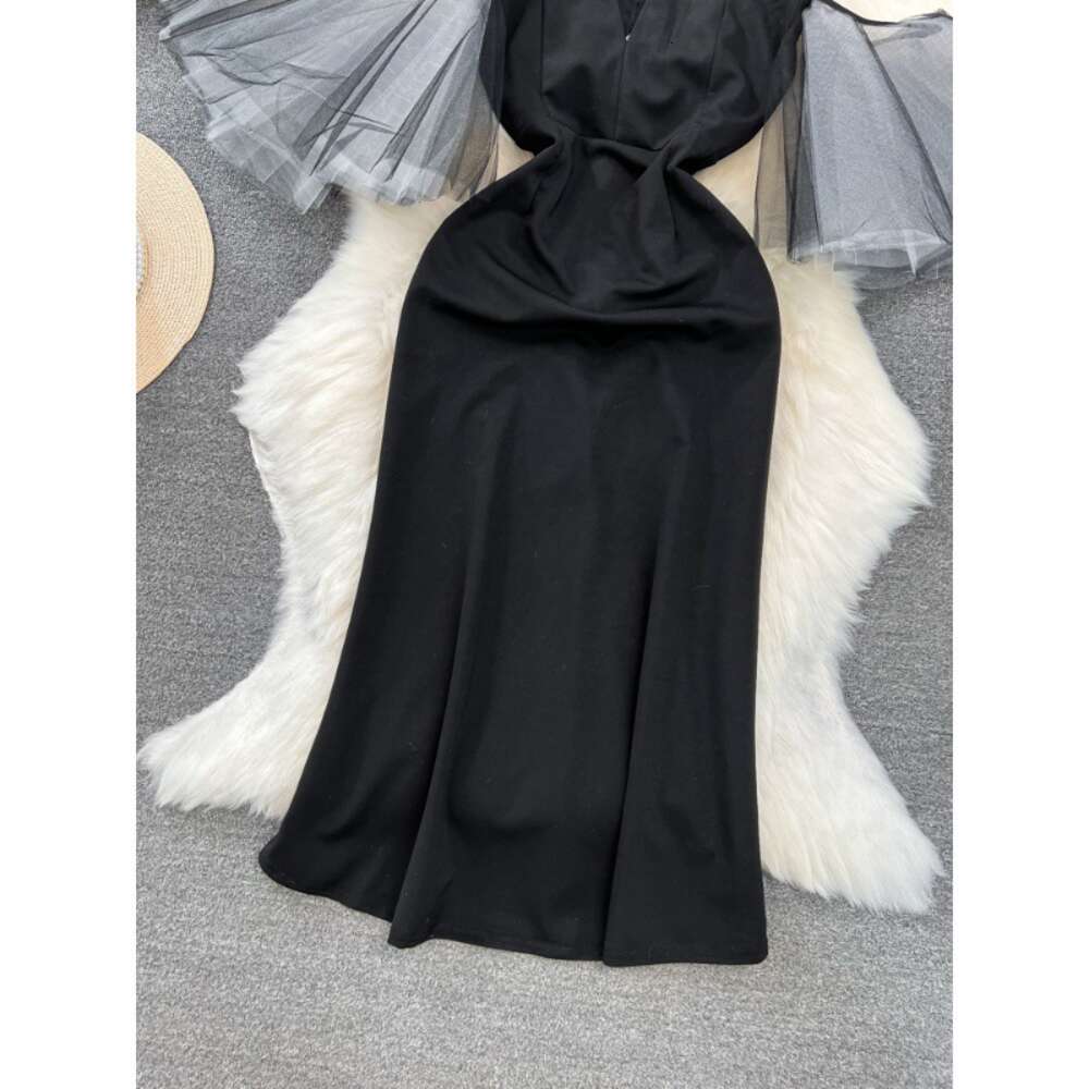 2023 Summer High end Fashion Mesh Sleeve Splice Bra Waist Slimming Mid length A-line Dress