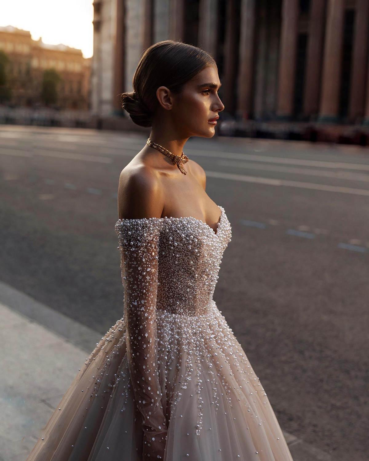 Pearls Wedding Elegant Dresses Off Shoulder Bridal Gowns Sequins A e Custom Made Long Sleeve Sweep Train Bride Dress Vestidos De Novia