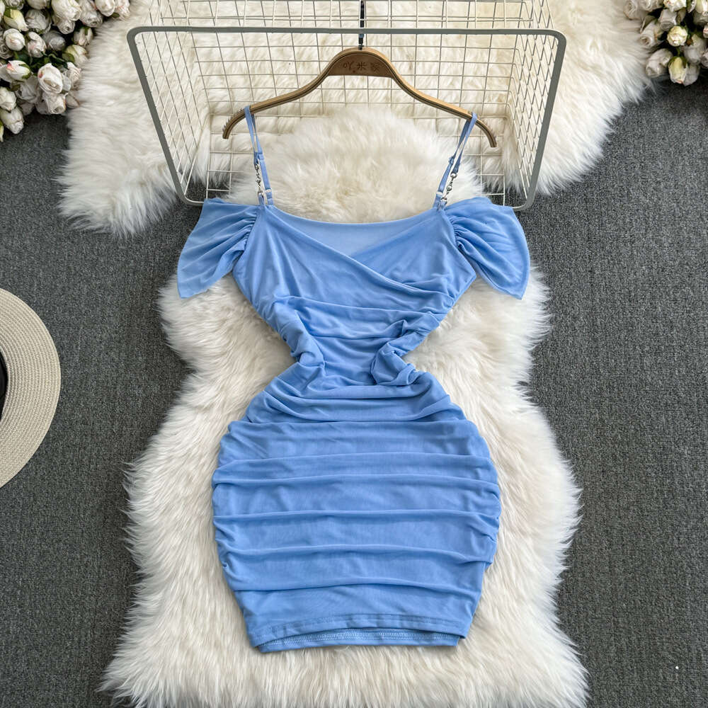 Fashionable Nightclub Sexy One Shoulder Off the Shoulder Bra Strap with Waist Closure for Slimming Wrinkle Short Wrapped Hip Mesh Dress