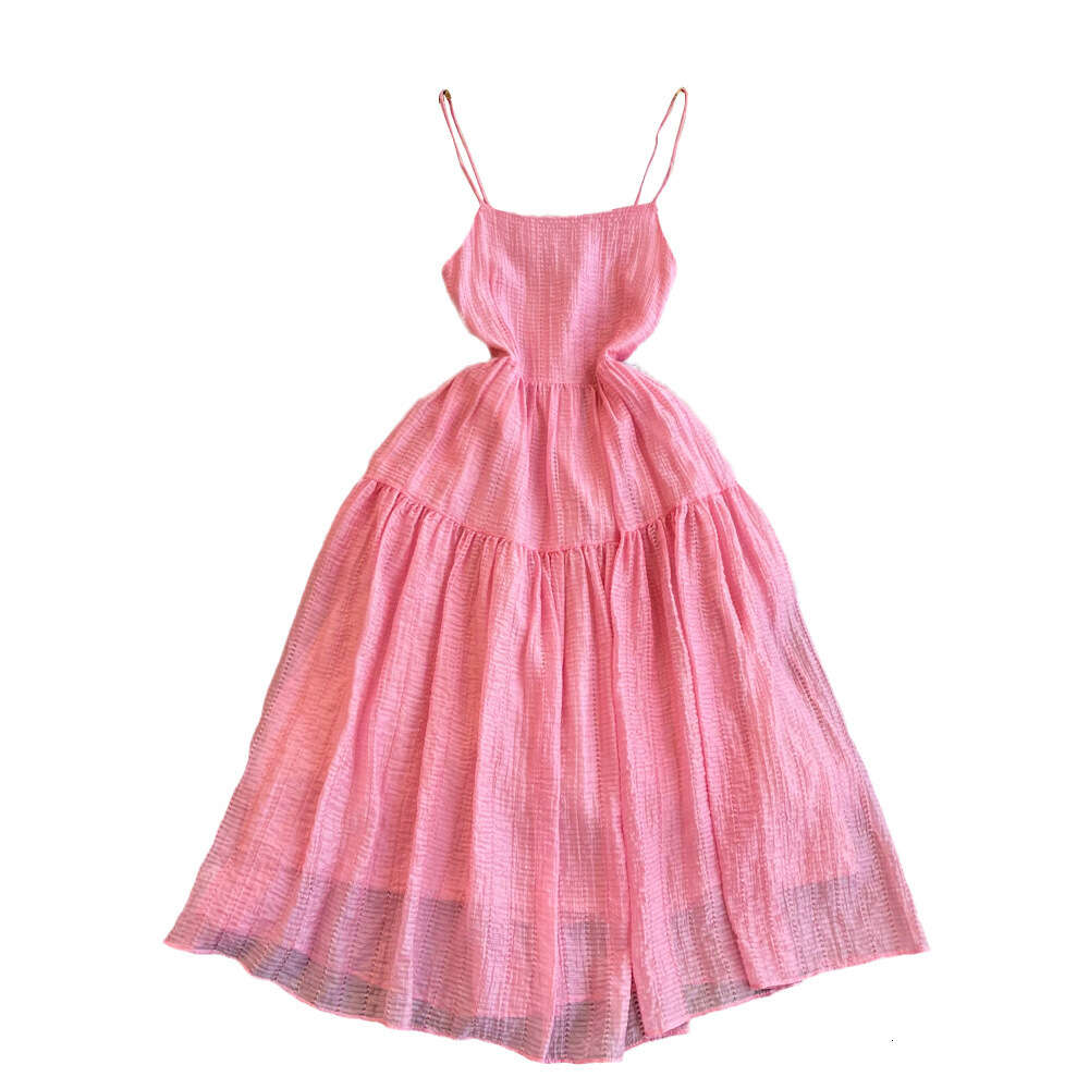 French Hepburn style pink back strap with waistband for slimming A-line suspender dress seaside vacation big swing long skirt